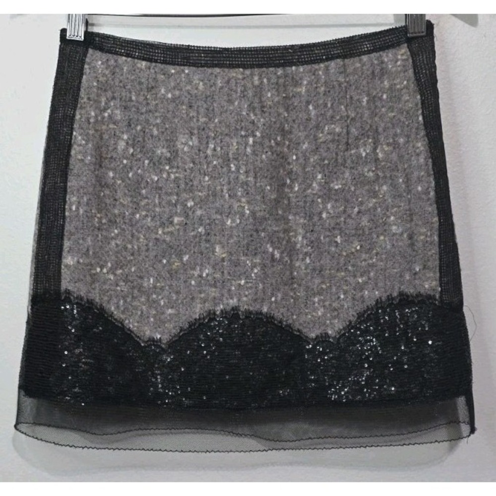 NEW Rochas Women Skirt 38 Wool Blend Sequin Mesh‎ Gray Black Moto Designer Core